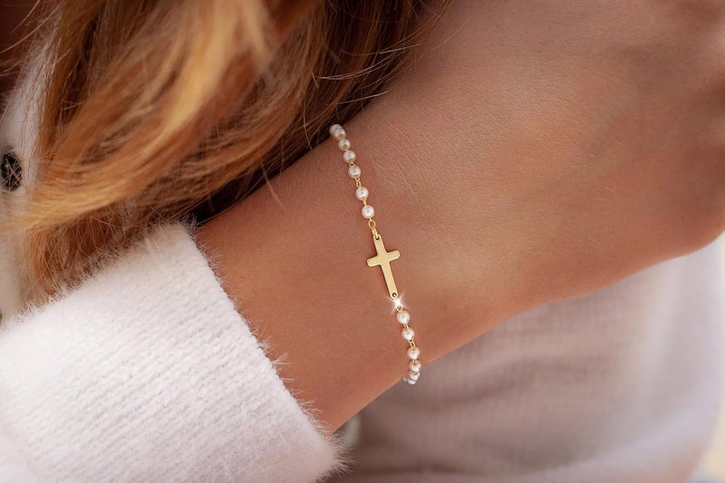Moodear Valentines Day Gifts for Her, Dainty 925 Sterling Silver/14k Gold Plated CZ Cross Bracelet Layered Snake Pearl Chain Knot Bracelets for Women Trendy Religious Christian Jewelry - Image 2
